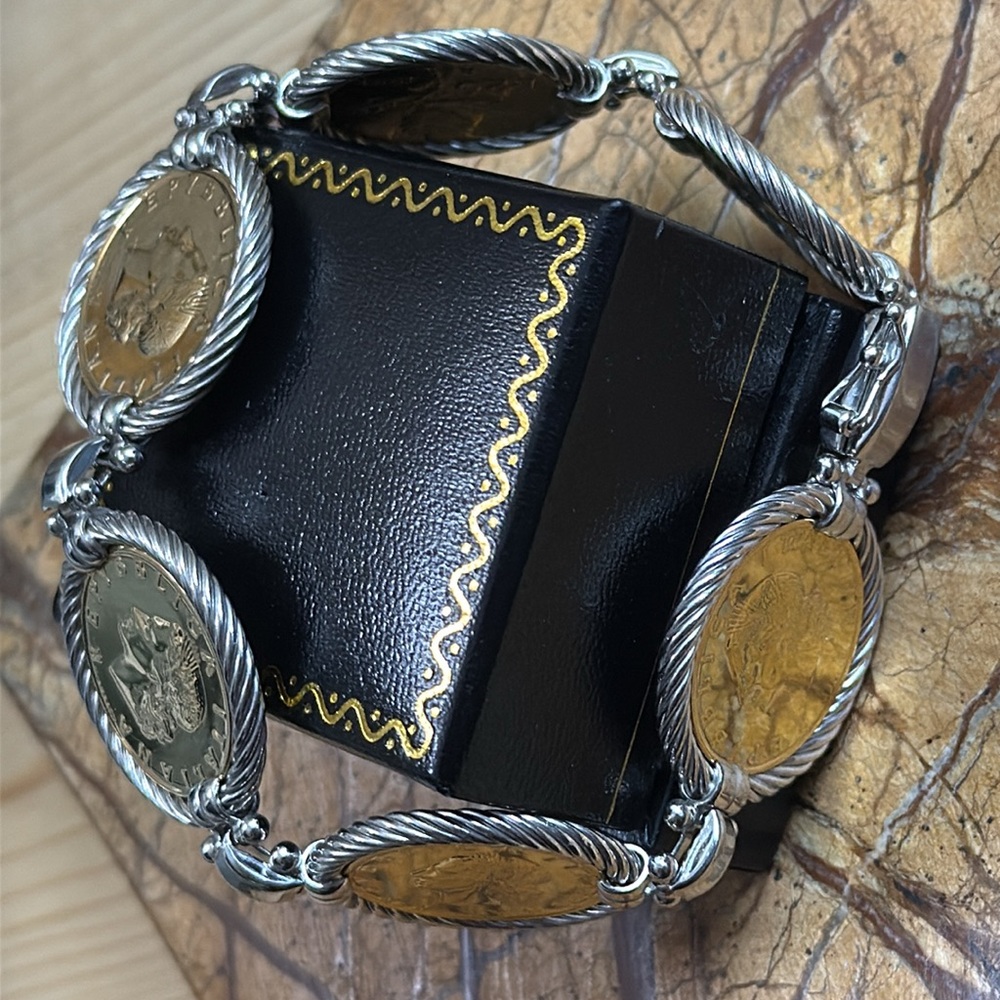 925 Sterling Silver 2-Tone Vintage 1981 Italy 20 Lire Bronzital Coin Bracelet - Picture 7 of 9